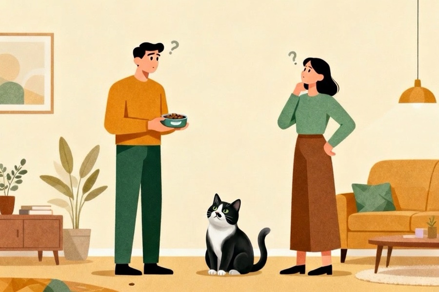 「もうごはんあげたっけ?」と顔を見合わせる家族と、見上げる猫のイラスト