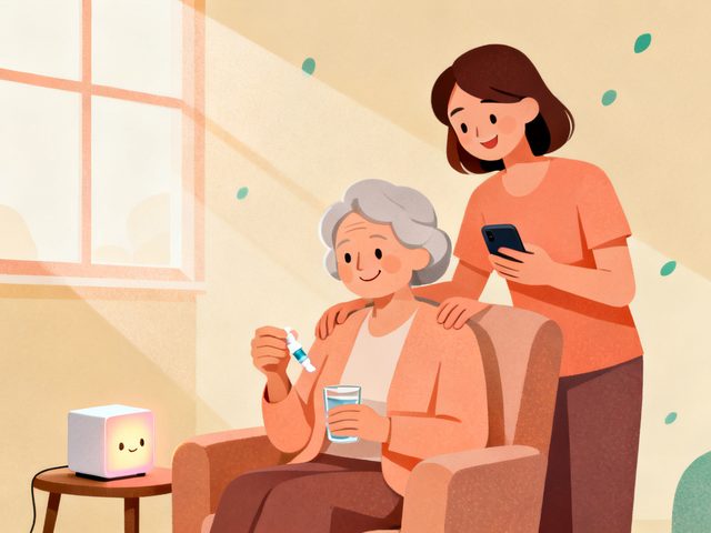 目薬を持つ祖母と、肩に手を置いて見守る娘のイラスト